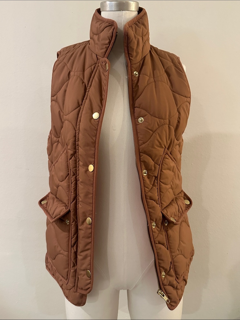J. Crew Quilted Chestnut Brown Puffer Vest with Gold-Tone Hardware